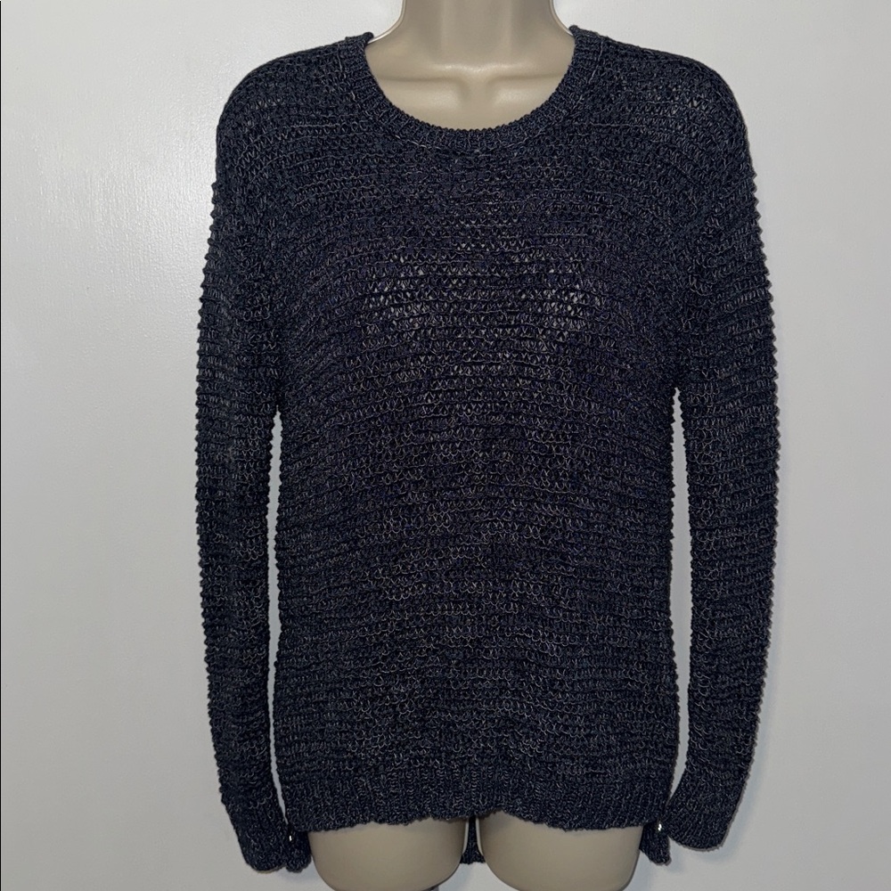Ann Taylor Open Knit Sweater w Side Zip Hem Blue Cotton Blend Women’s Small S